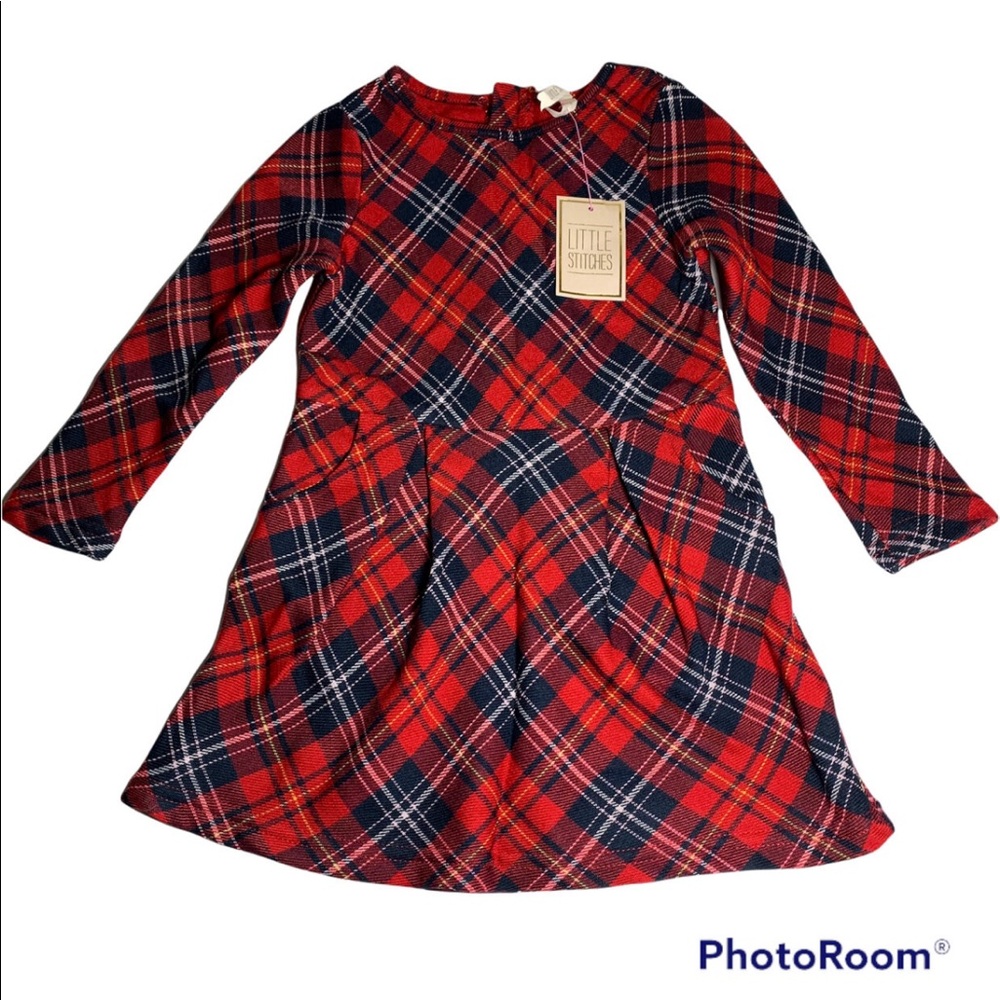 NWT Little Stitches Red Scotch Plaid Long Sleeves Dress Size 2-3 Yes